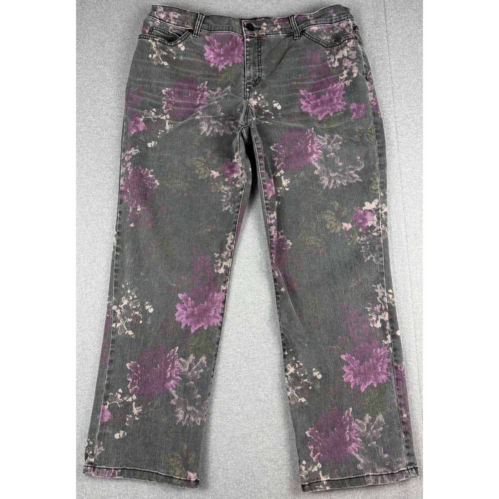 Bandolino Mandie Jeans Womens 16 Floral Print Gray Purple Straight Leg Denim